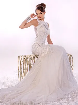 Adagio Bridal W9269 Sheer Lace Mermaid Wedding Dress High Neck Size 10, 12 Ivory