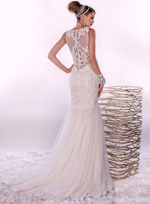 Adagio Bridal W9269 Sheer Lace Mermaid Wedding Dress High Neck Size 10, 12 Ivory