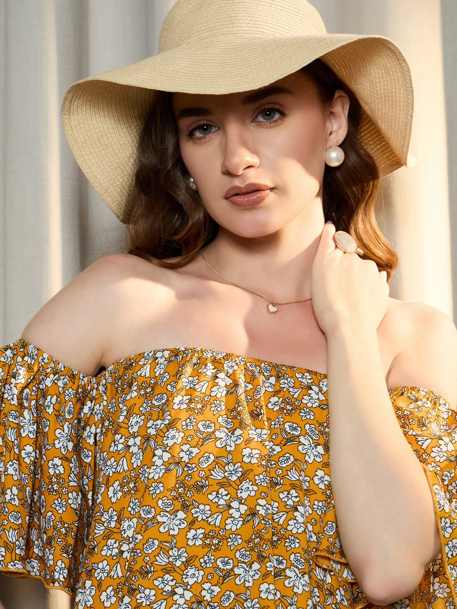 Berrylush Women Mustard & White Floral Printed Off-Shoulder Neck Flared Sleeves Crepe Slip-On Ruffled Crop Bardot Top