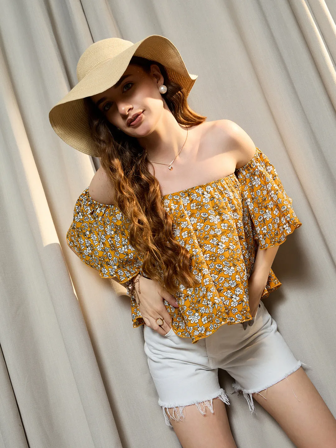 Berrylush Women Mustard & White Floral Printed Off-Shoulder Neck Flared Sleeves Crepe Slip-On Ruffled Crop Bardot Top
