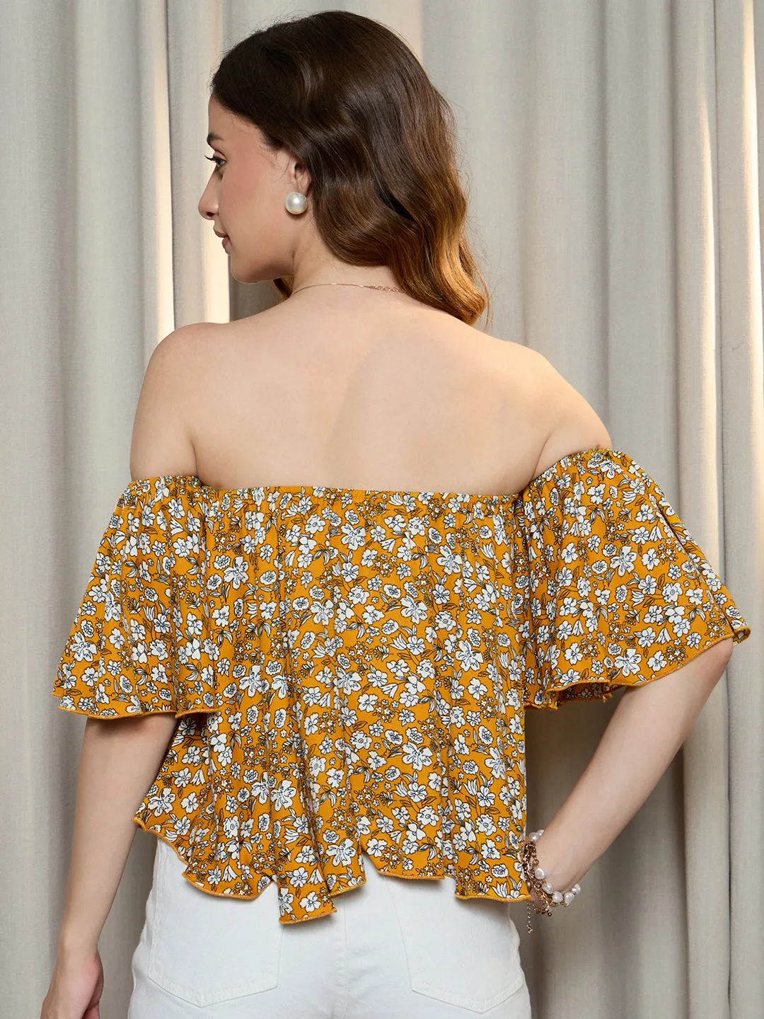 Berrylush Women Mustard & White Floral Printed Off-Shoulder Neck Flared Sleeves Crepe Slip-On Ruffled Crop Bardot Top
