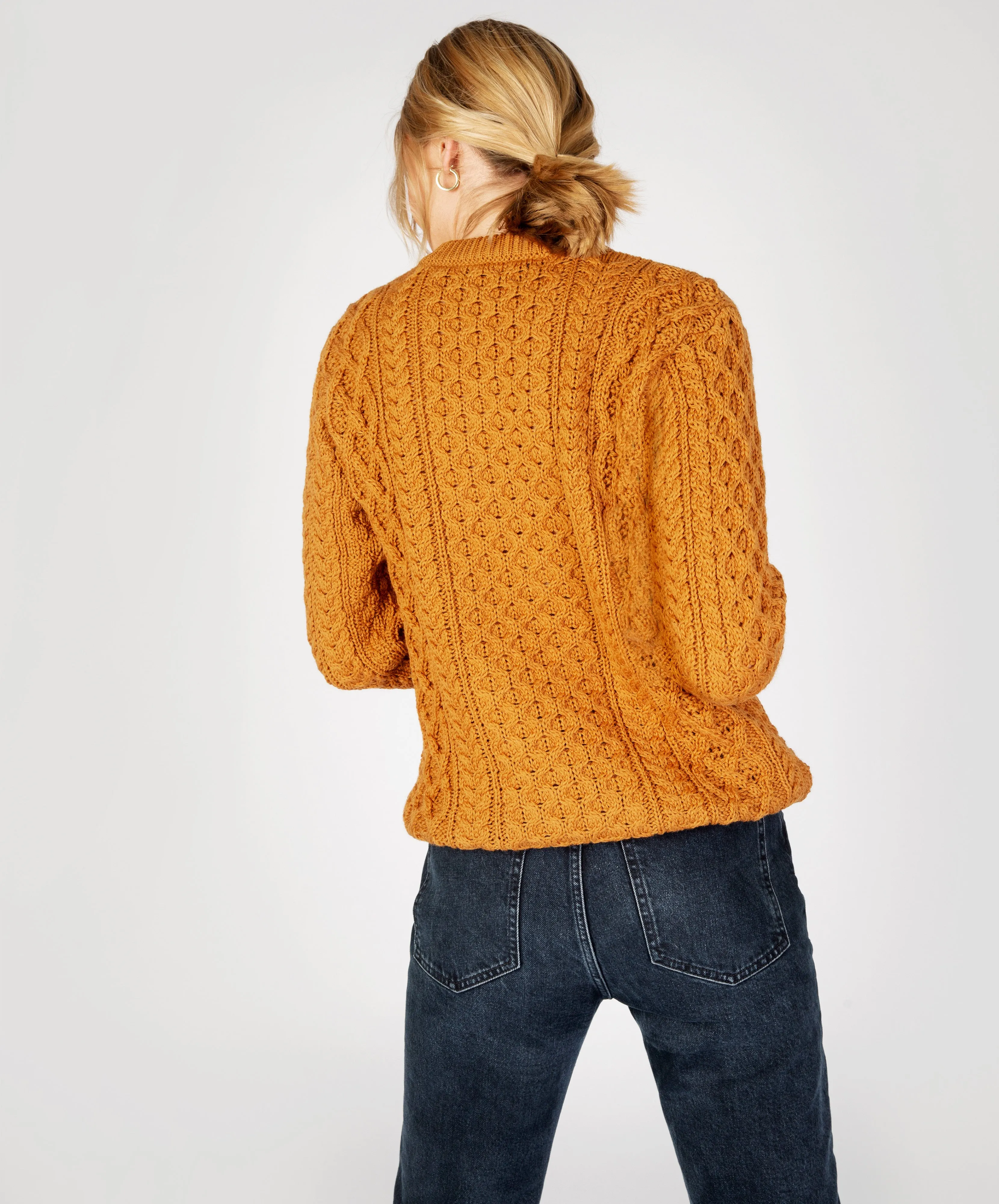 Blasket Honeycomb Stitch Womens Aran Sweater Golden Ochre