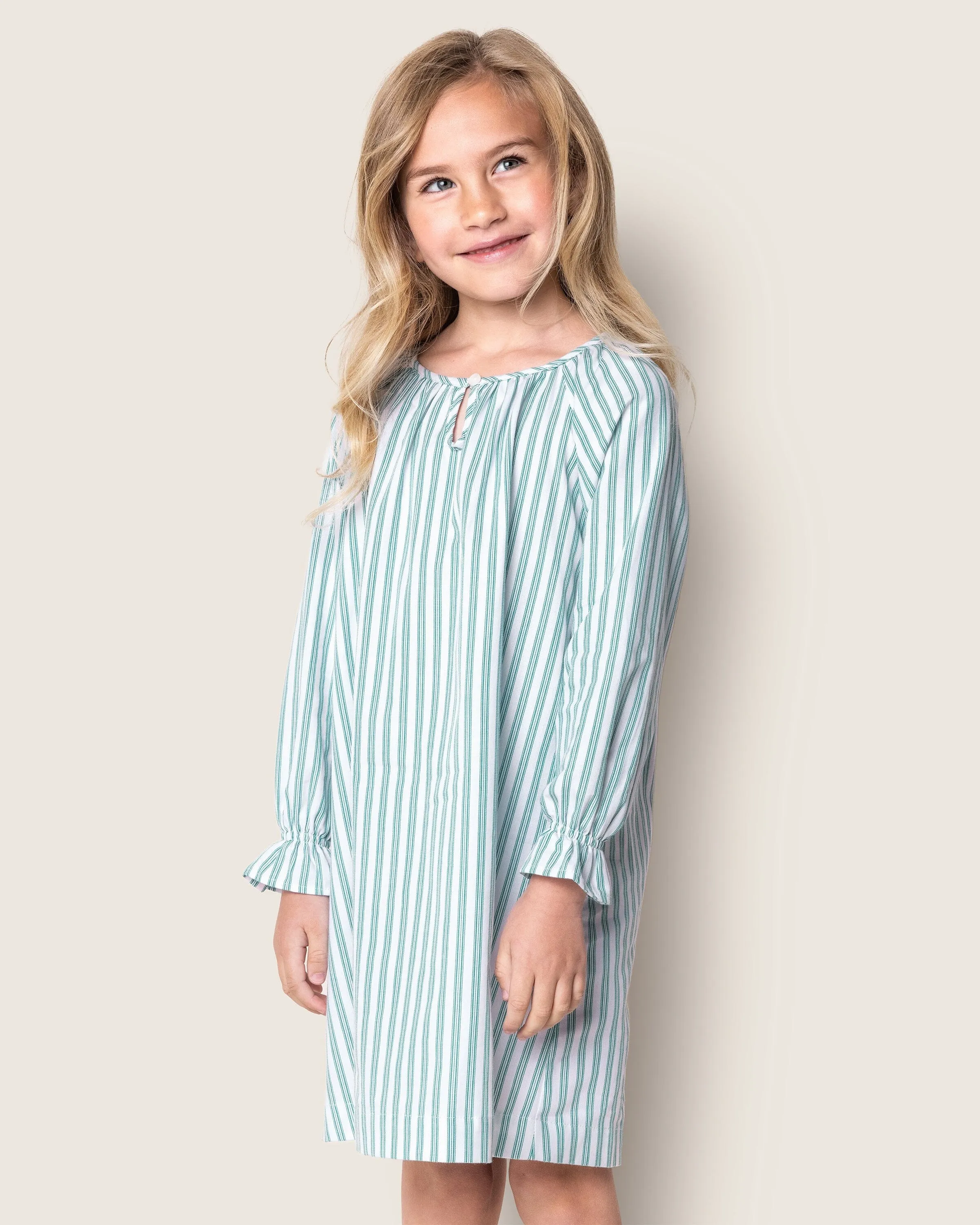 Girl's Twill Delphine Nightgown | Emerald Ticking