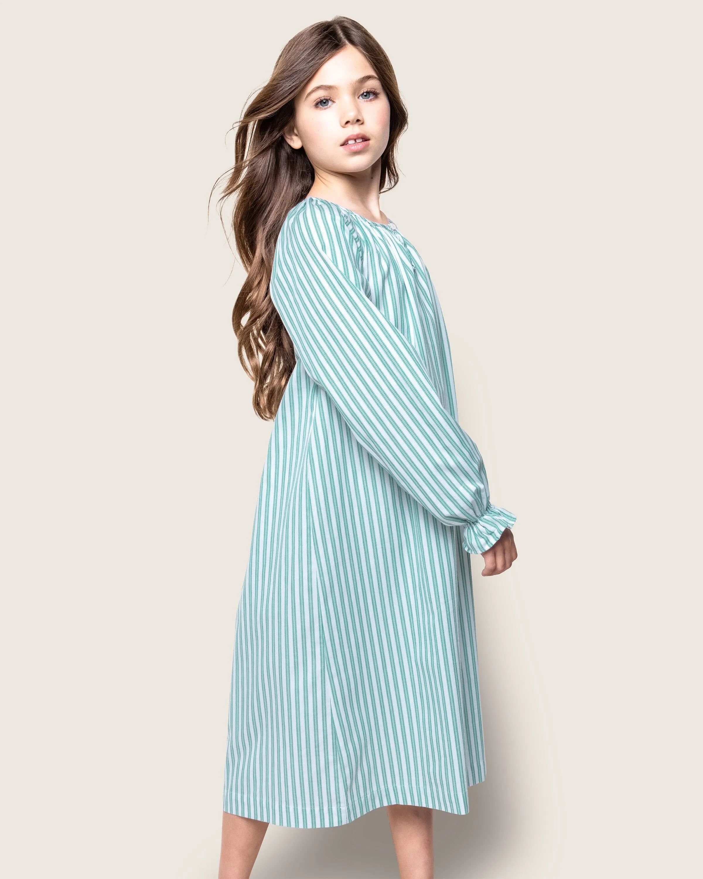 Girl's Twill Delphine Nightgown | Emerald Ticking