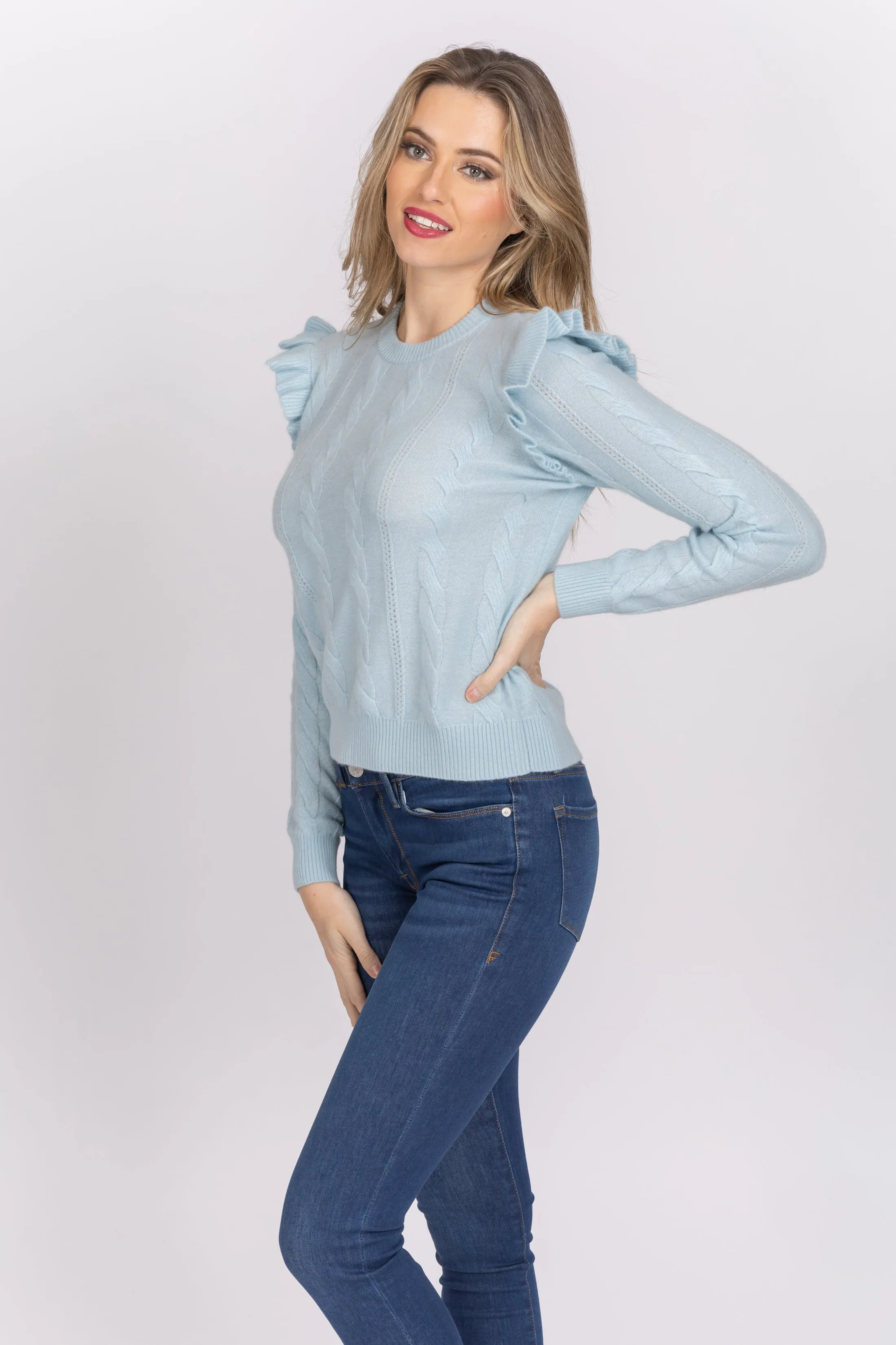 MinnieRose Cashmere Pointelle Crew Sweater in Baby Blue