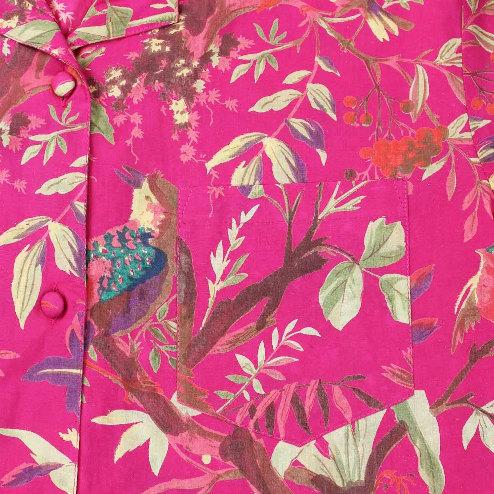 Powell Craft Hot Pink Bird Print Ladies Pyjamas with Yellow Pom Poms
