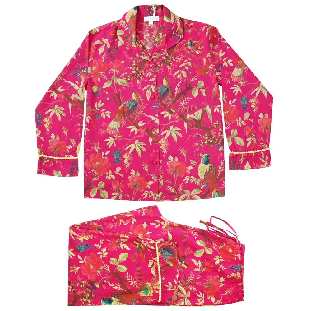 Powell Craft Hot Pink Bird Print Ladies Pyjamas with Yellow Pom Poms