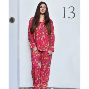 Powell Craft Hot Pink Bird Print Ladies Pyjamas with Yellow Pom Poms