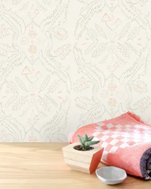 Salad Days - Straw and Gloaming (Neon Orange) on Cream - Residential Wallpaper