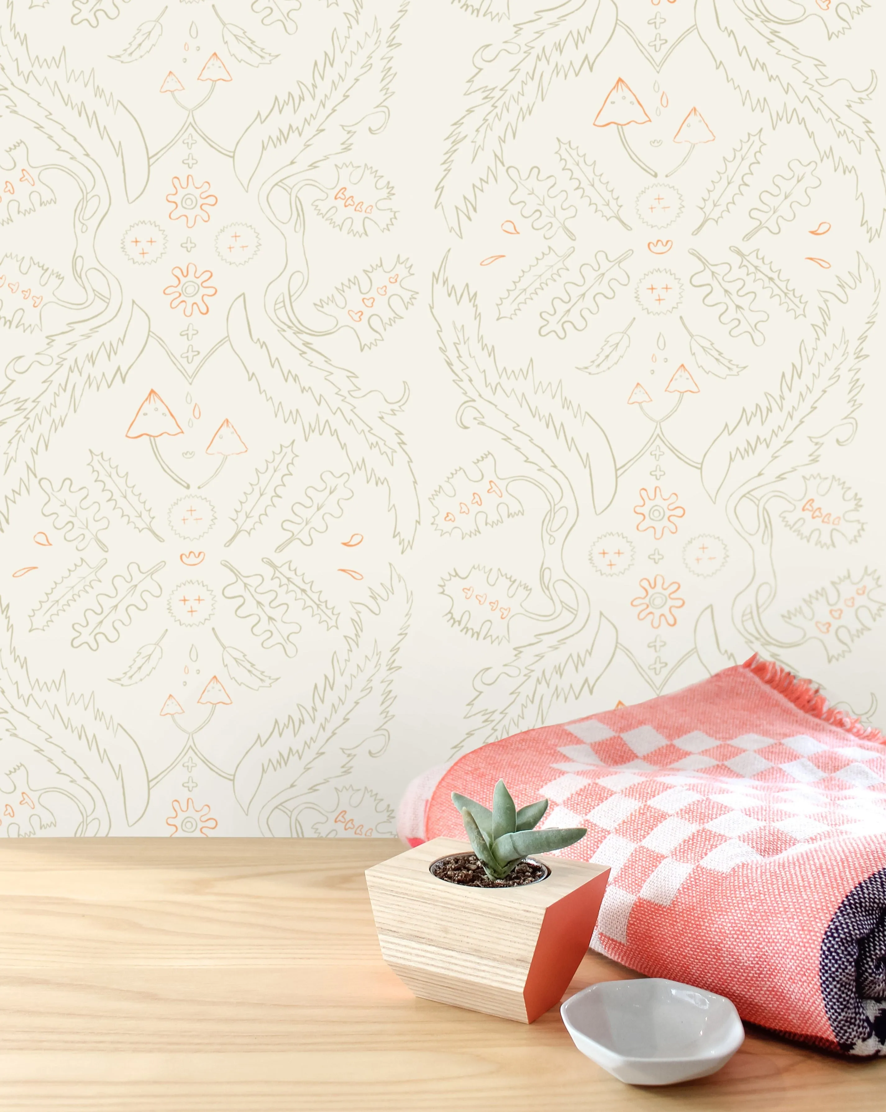 Salad Days - Straw and Gloaming (Neon Orange) on Cream - Residential Wallpaper