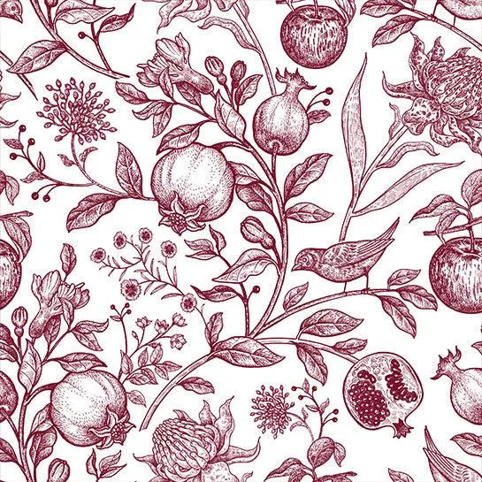 Single Napkin  -  French Red Flowers, Birds and Fruits