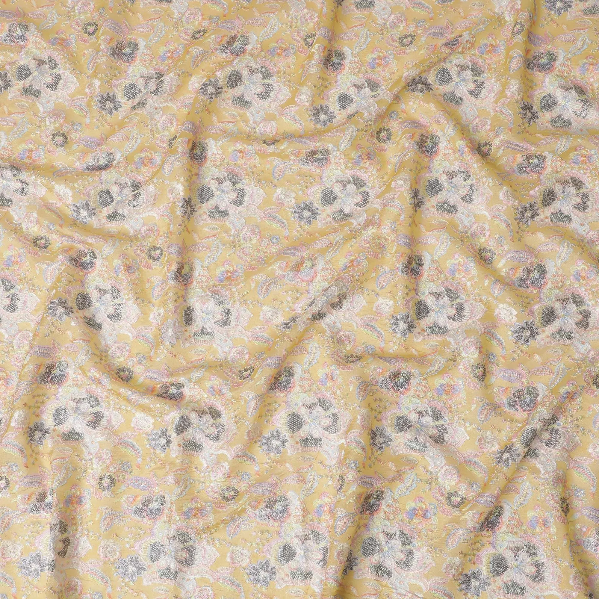 Sunshine Gold Embroidered Premium Tussar Silk Fabric - 110cm, Exotic Indian Floral Elegance, Luxe Textile-D17692