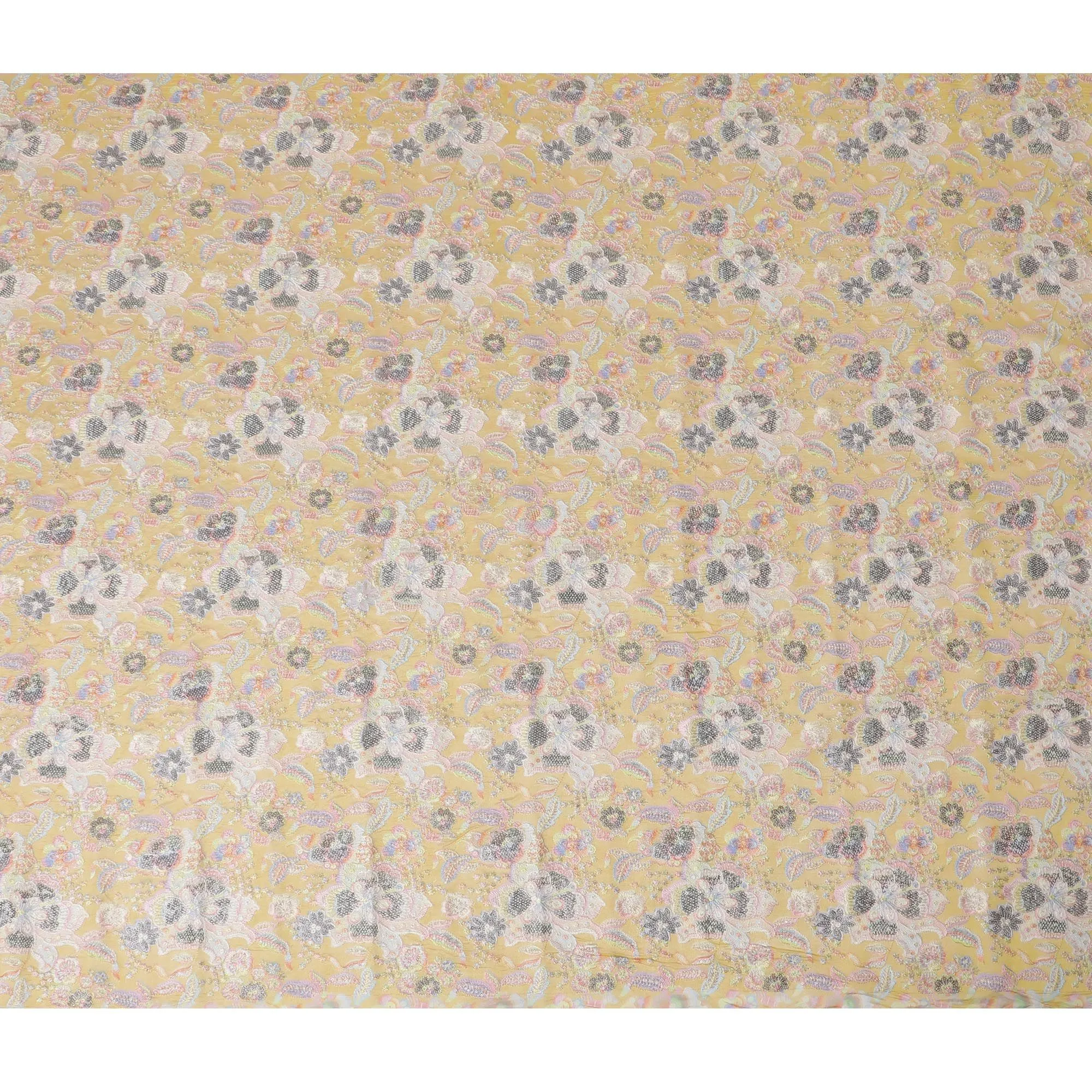 Sunshine Gold Embroidered Premium Tussar Silk Fabric - 110cm, Exotic Indian Floral Elegance, Luxe Textile-D17692