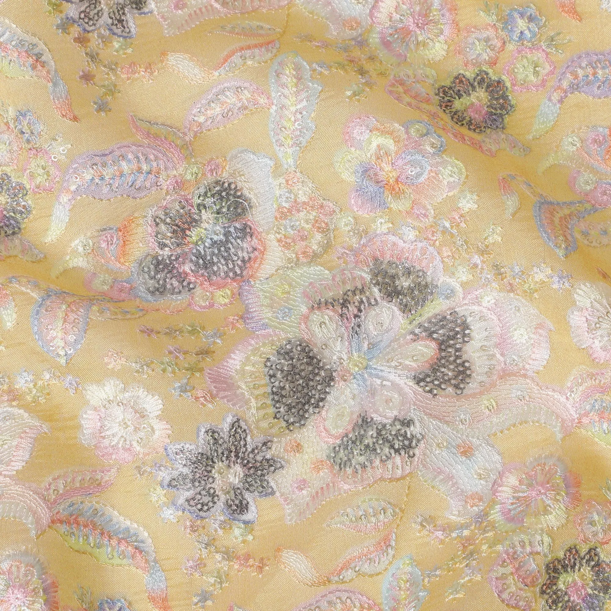 Sunshine Gold Embroidered Premium Tussar Silk Fabric - 110cm, Exotic Indian Floral Elegance, Luxe Textile-D17692