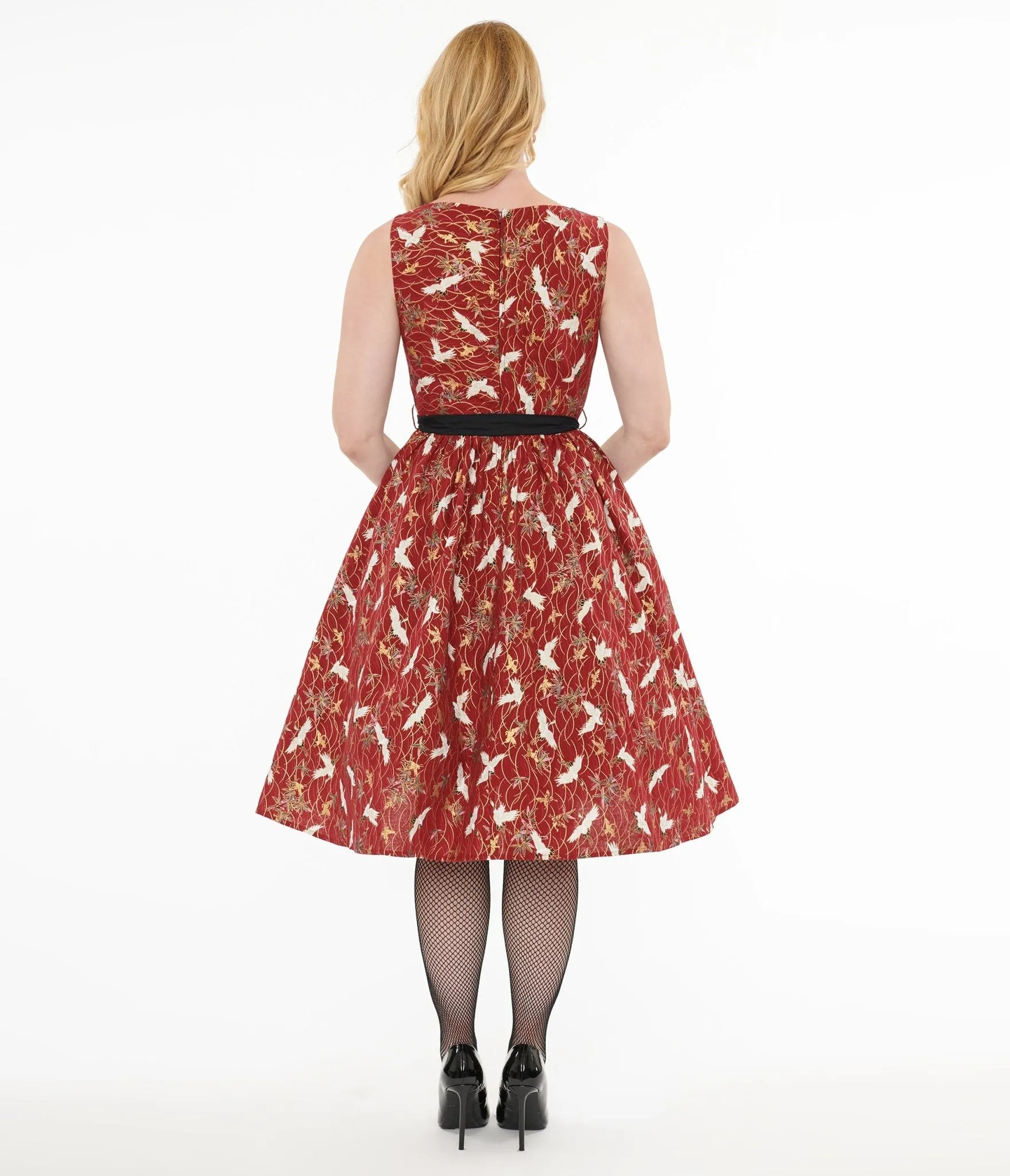 Unique Vintage 1950s Burgundy Fall Crane Sleeveless Swing Dress