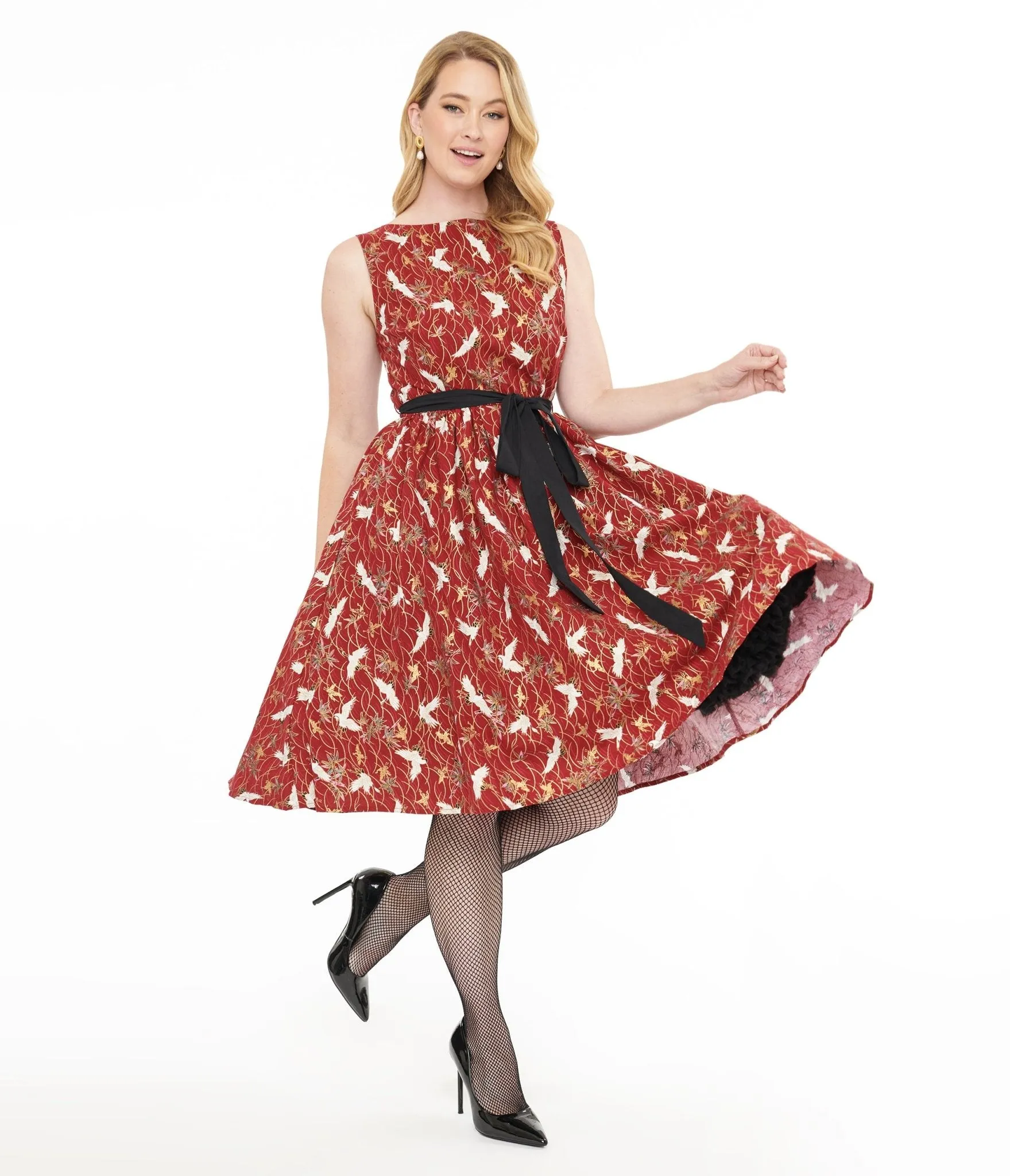 Unique Vintage 1950s Burgundy Fall Crane Sleeveless Swing Dress